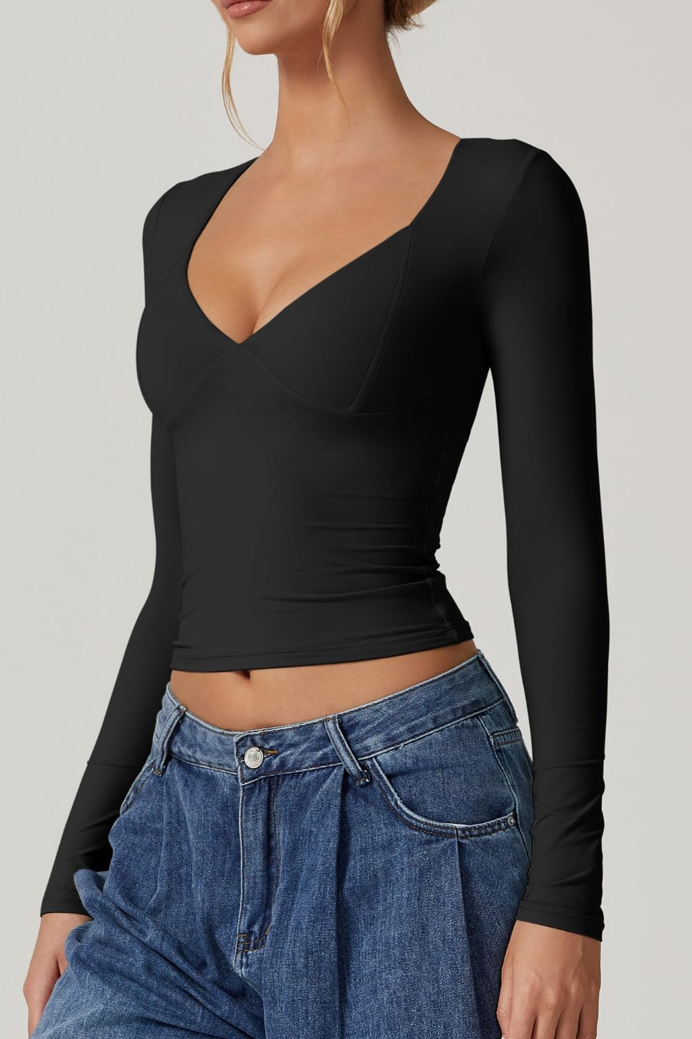 QINSEN Long Sleeve V Neck T Shirts for Women Double Lined Tee Sexy Seamed Cup Going Out Tops Black S