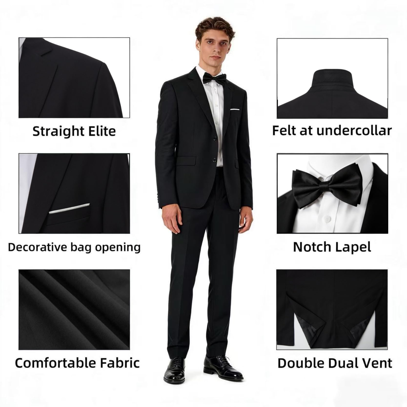 Men's Suit Set 2Pcs Slim Fit Elegant Solid Dress Blazer Pants,Formal Mens Tuxedo Set Single Breasted 2 Button for Business,Weddings,Parties,Proms,Interview,Funeral,Office(QH2501-Black-5-XL)
