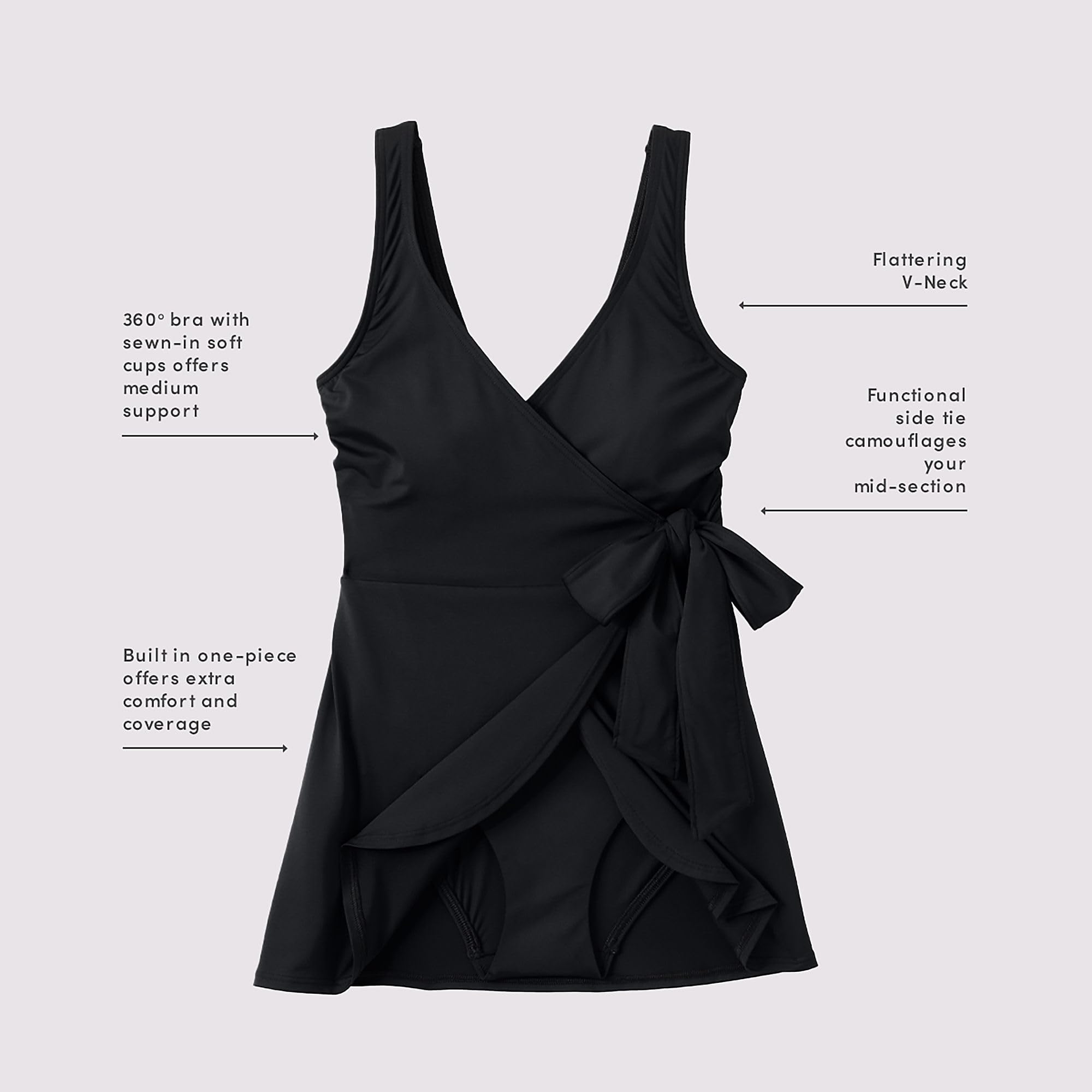 Lands' End Women's Side Tie Mini Swim Dress Swimsuit 2 Black