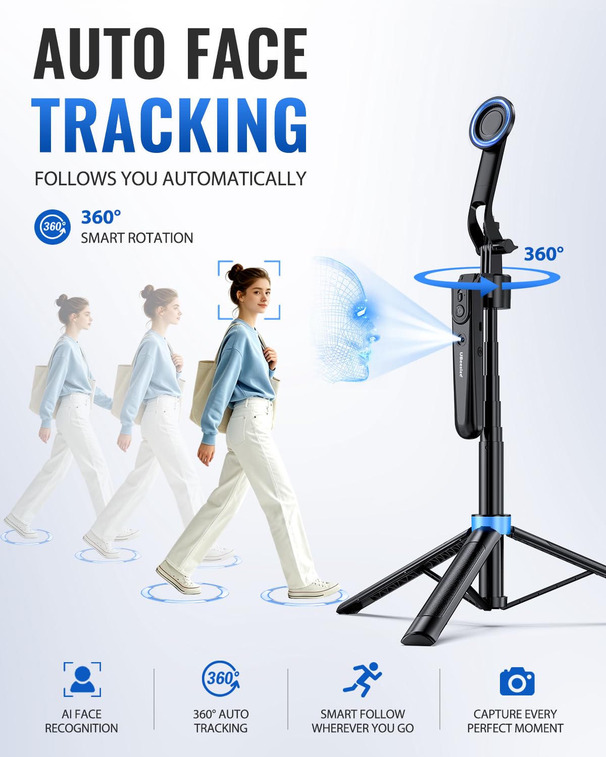 UBeesize 72” Auto Face Tracking Tripod for iPhone, MagSafe Selfie Stick with Remote, 360° Magnetic Phone Stand with Gesture Control for TikTok, Live Stream & Vlogging