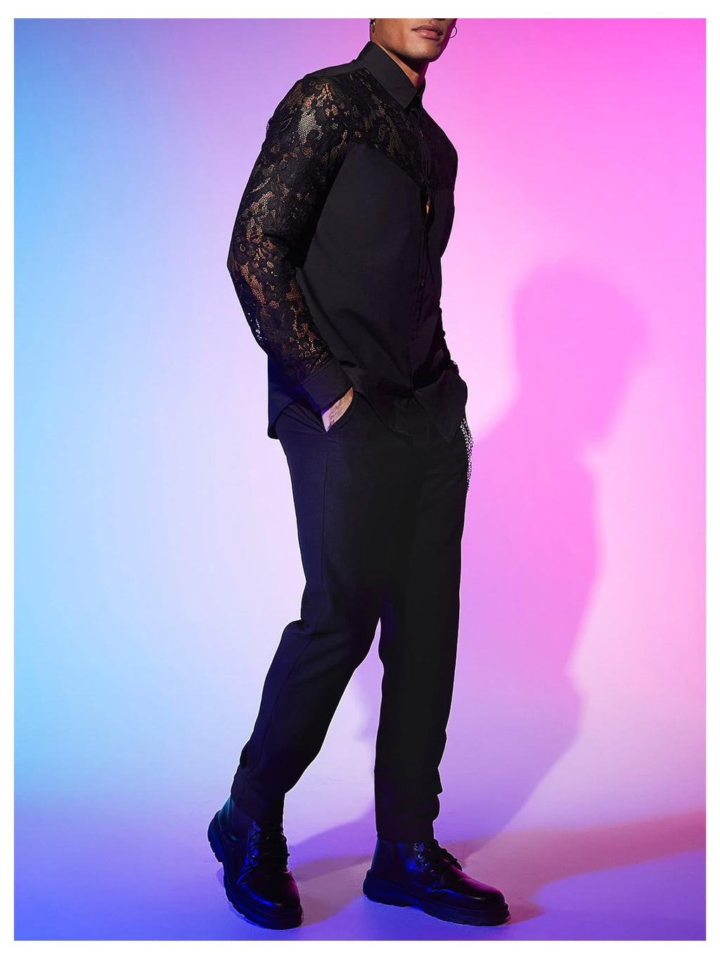 WDIRARA Men's Floral Lace Button Down Shirt See Through Long Sleeve Collared Top Sexy Clubwear Black X-Large