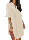 QACOHU Women's 2026 Spring Summer Casual Dress Short Sleeve V-Neck Midi Dress Ruffle Spring Summer Chiffon Dress Beige L