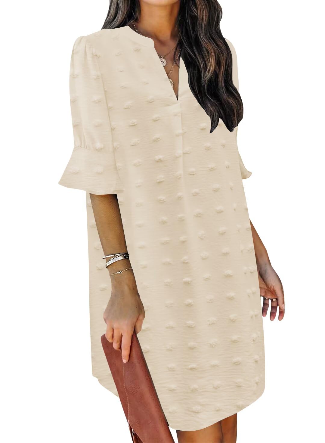 QACOHU Women's 2026 Spring Summer Casual Dress Short Sleeve V-Neck Midi Dress Ruffle Spring Summer Chiffon Dress Beige L