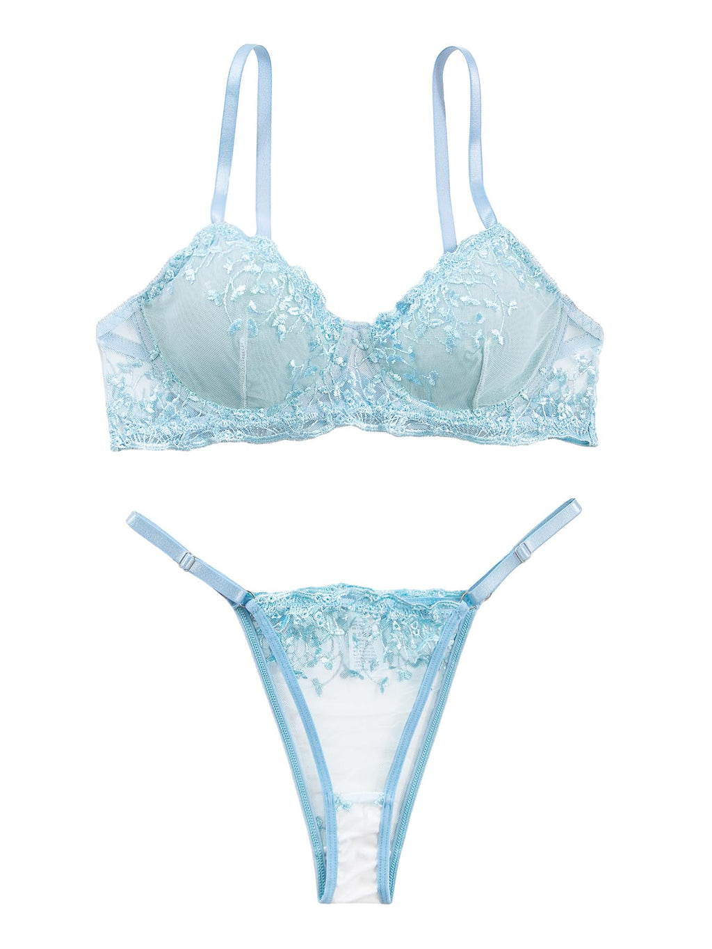 Lilosy Petite Sexy Leaf Floral Embroidered Mesh Sheer Women Underwire Push Up Lingerie Set See Through Cute Bra Panty 2 Piece Flower Light Blue 3X-Small