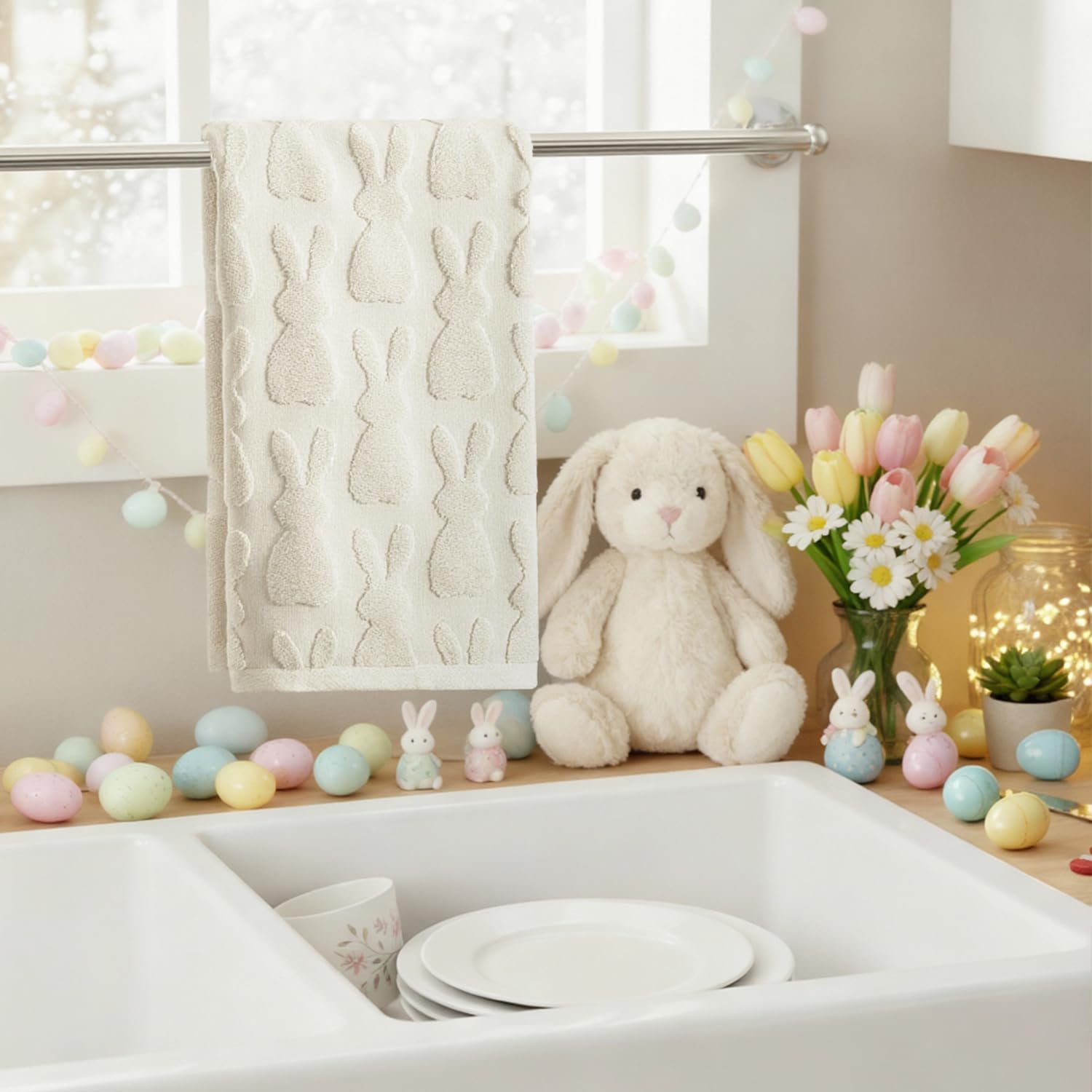 Artoid Mode 1 Pc Beige 3D Rabbit Jacquard Easter Hand Towels for Bathroom, 100% Cotton Soft Absorbent Bathroom Decor Towels, 13.7 x 29.5 Inch