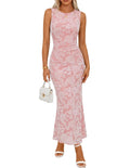MEROKEETY Women's Summer Sleeveless Floral Bodycon Dress 2026 Spring Mesh Wedding Guest Cocktail Formal Party Maxi Dresses, Lightpink, Small
