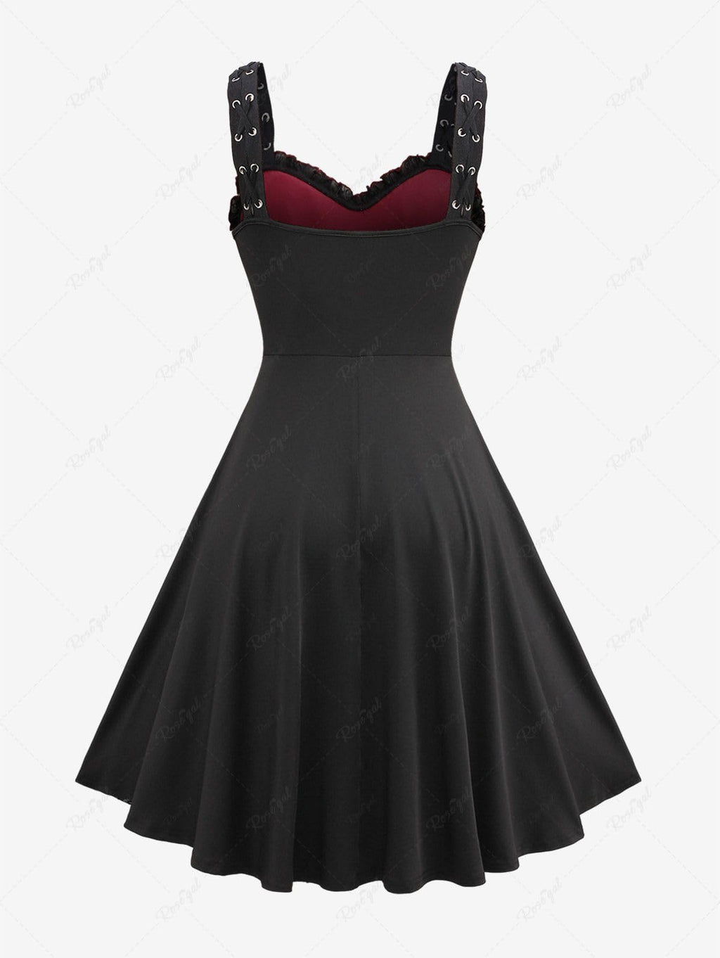 ROSE GAL Women Plus Size Gothic Lace-up Cross Mesh Overlay Lace Panel Ruffles Midi Dress Vinatge Goth Straps A Line Dress(Black_1/4X)
