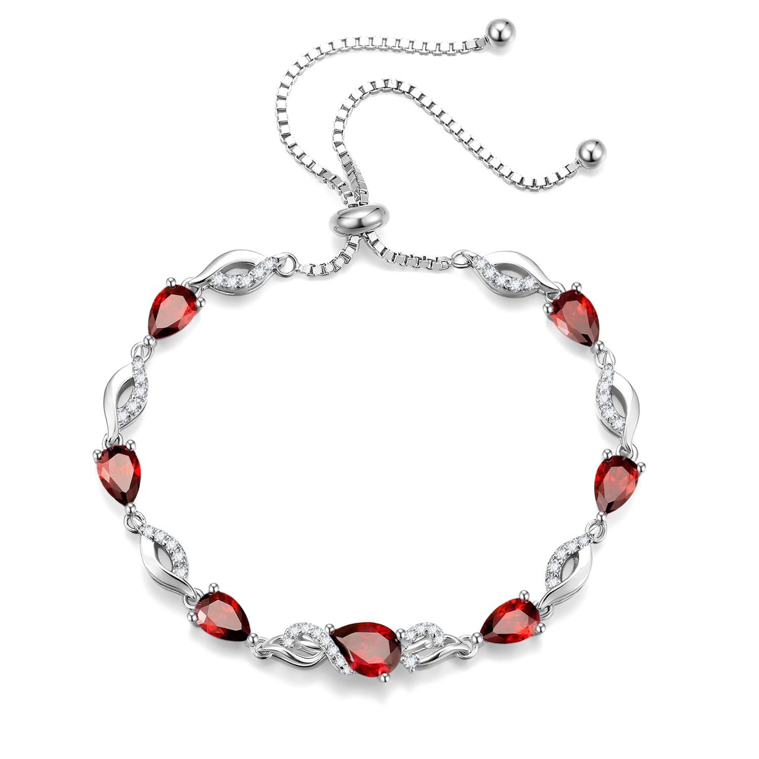FANCIME January Birthstone Teardrop Garnet Tennis Bracelet for Women, Sterling Silver 9x7mm main Gemstone Bolo Adjustable Chain Bracelet Fine Jewelry Birthday Gifts for Women Mom Wife Her