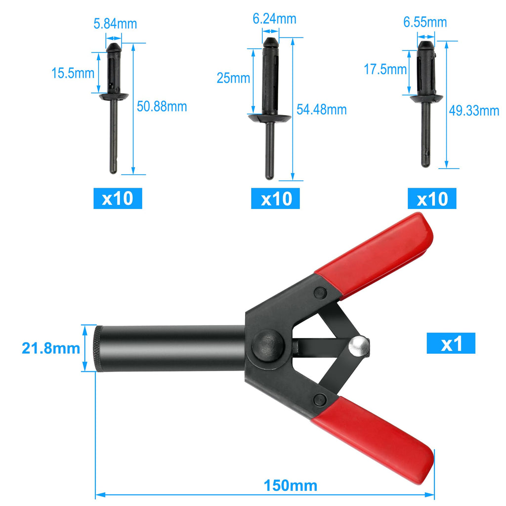 Mejiao Rivet Gun Set with 3 Sizes Nylon Blind Rivets, 30 Pieces, Hand Riveter Suitable for Automotive and More