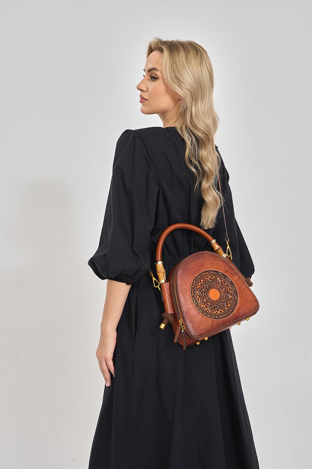 Zhuoliang Genuine Leather Pocketbooks for Women, Retro Organizer Top Handle Satchel Totem Leather Handbag Ladies