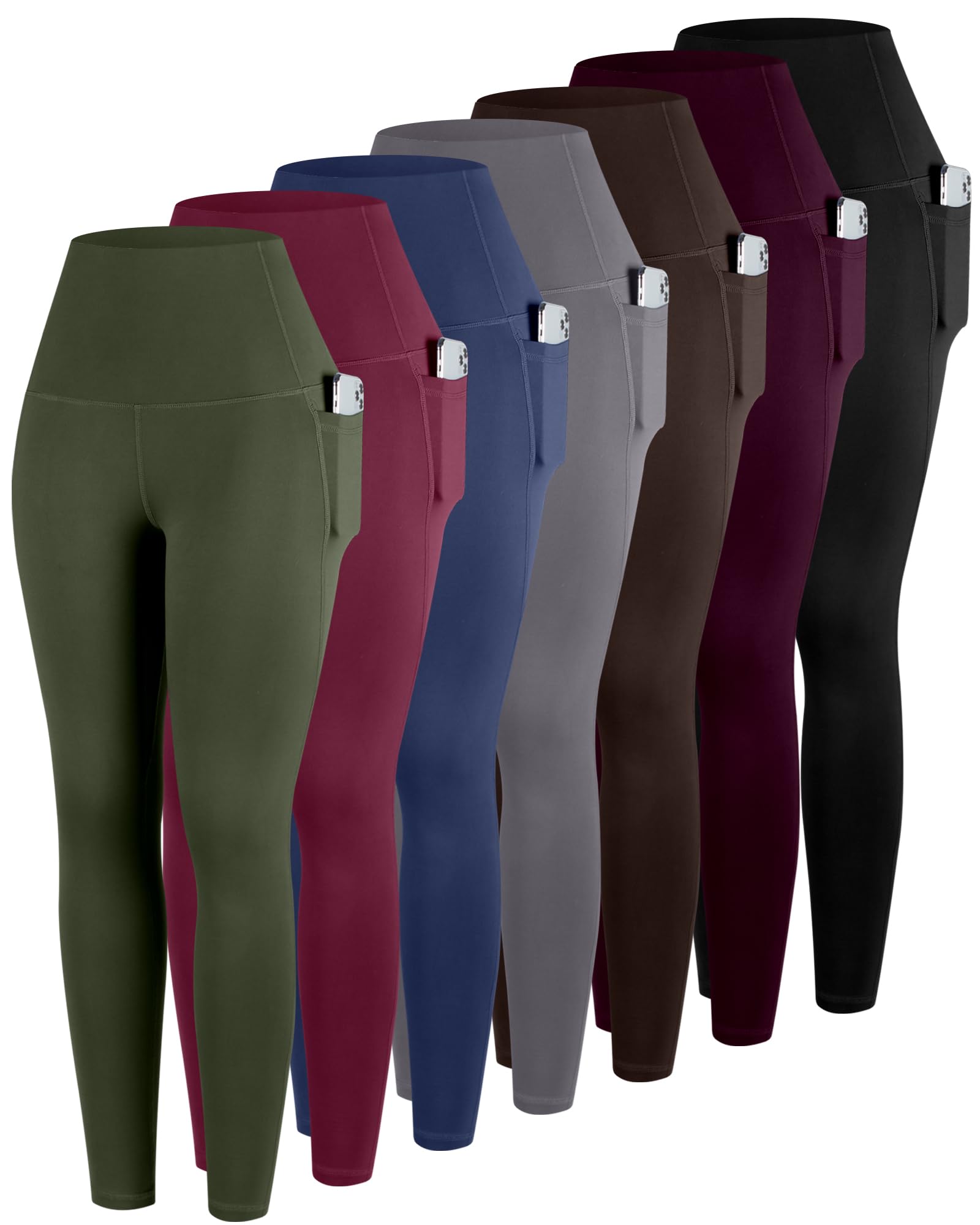 ATHVOTAR Leggings with Pockets for Women, 7 Packs High Waisted Workout Tummy Control Yoga Pants Black/Gray/Navy/Burgundy/Army Green/Dark Brown/Cassis L