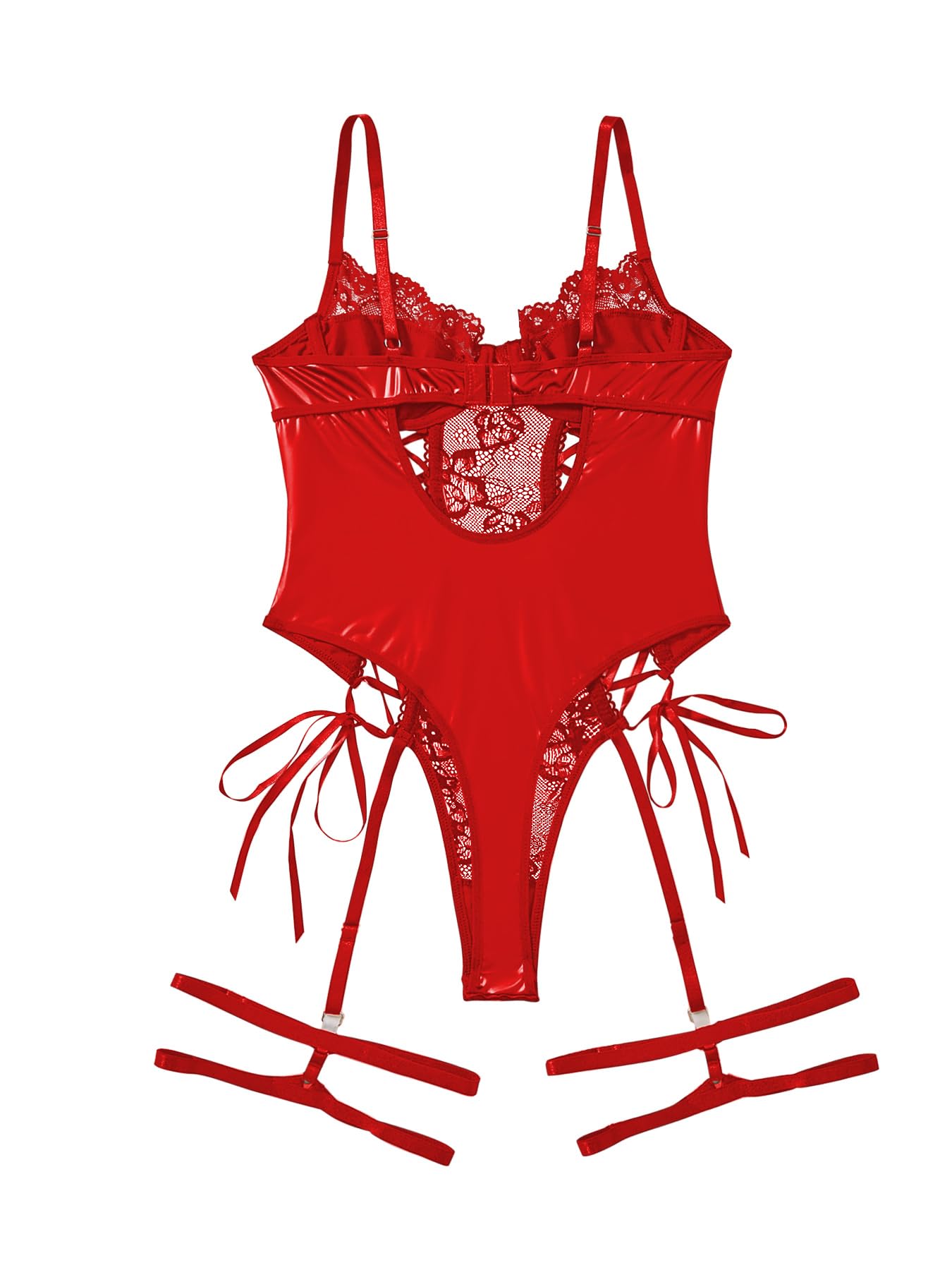 Lilosy Petite Sexy Lace Up Floral Garter Underwire Teddy Bodysuit Lingerie Belt Women Top One Piece Red 2X-Small
