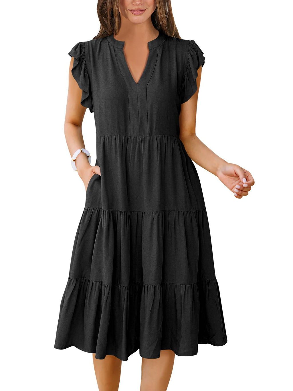 ANRABESS Womens Summer Dress Ruffle Sleeve V Neck Midi Dresses Fashion Casual Fit Flowy Tiered Boho Beach Vacation Sundress Black-XL