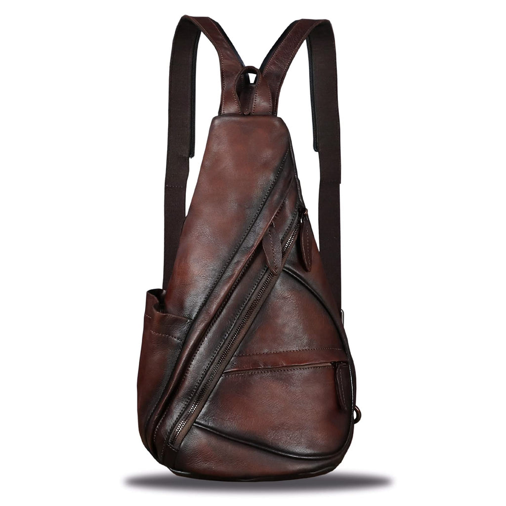 IVTG Genuine Leather Sling Bag for Men and Women Vintage Sling Backpack Shoulder Crossbody Bag Chest Bag for Ipad (LightCoffee)