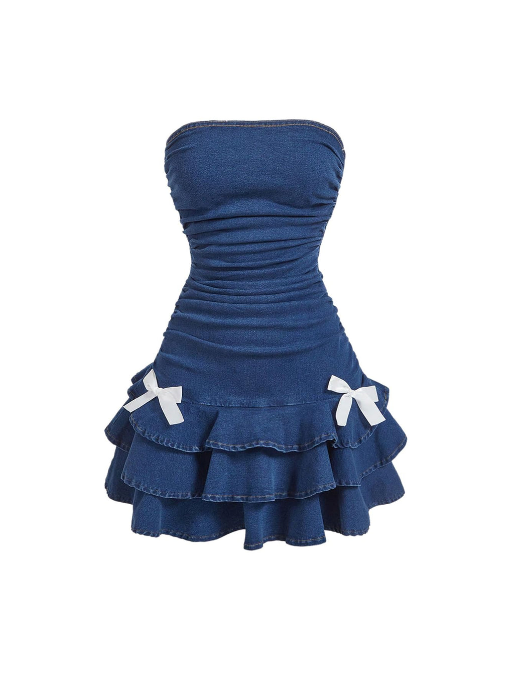 WDIRARA Women's Strapless Denim Mini Dress Bandeau Layered Ruffle A Line Bow Dresses