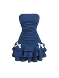 WDIRARA Women's Strapless Denim Mini Dress Bandeau Layered Ruffle A Line Bow Dresses