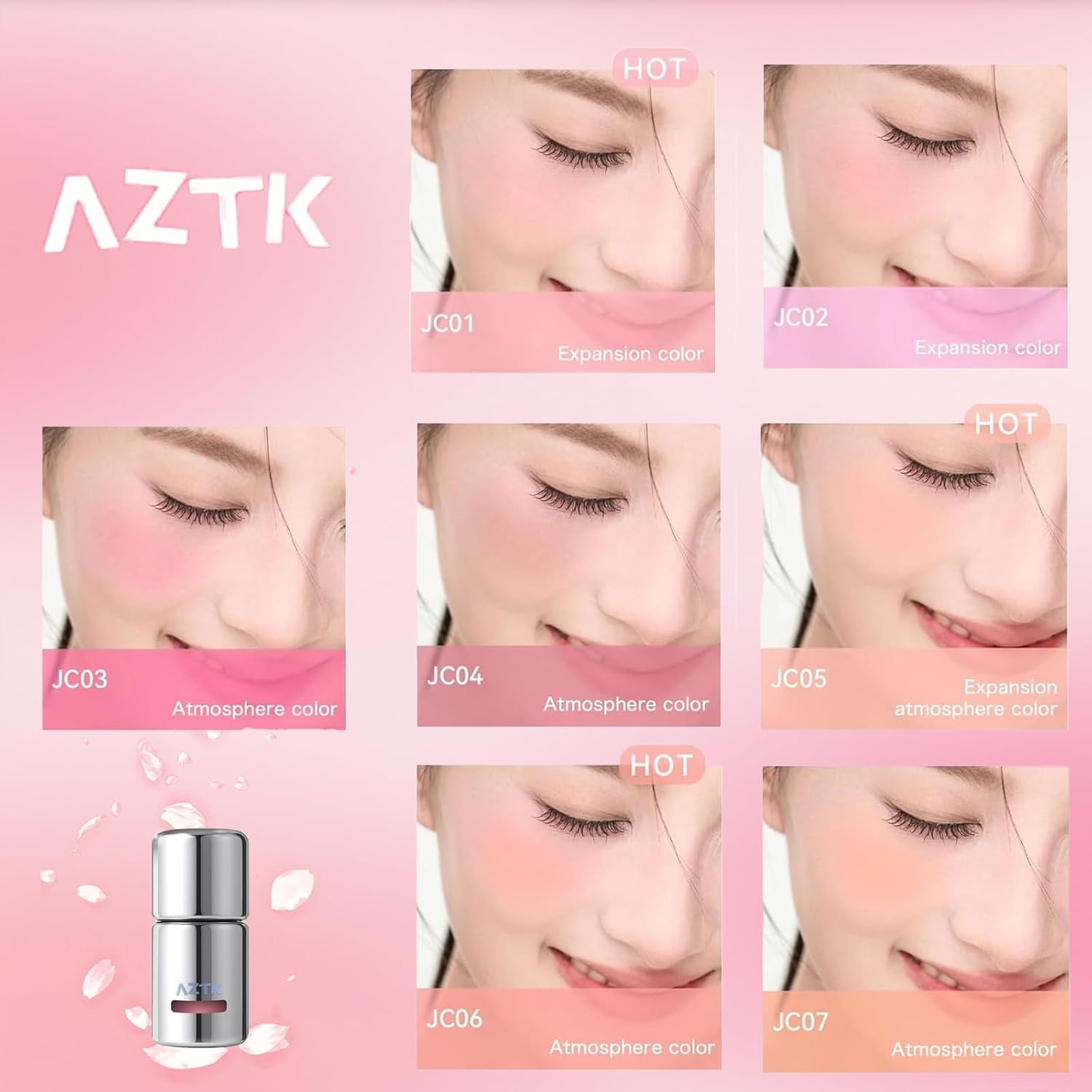 Aztk Liquid Blush, Jelly Color Liquids Blushes with Sponge Head, Matte Nude Makeup Blusher Cream, Lasting, Lightweight, All-day Moisturizing and Smooth, Lightweight Face Color, 7 Shades (JC07, 5ml)