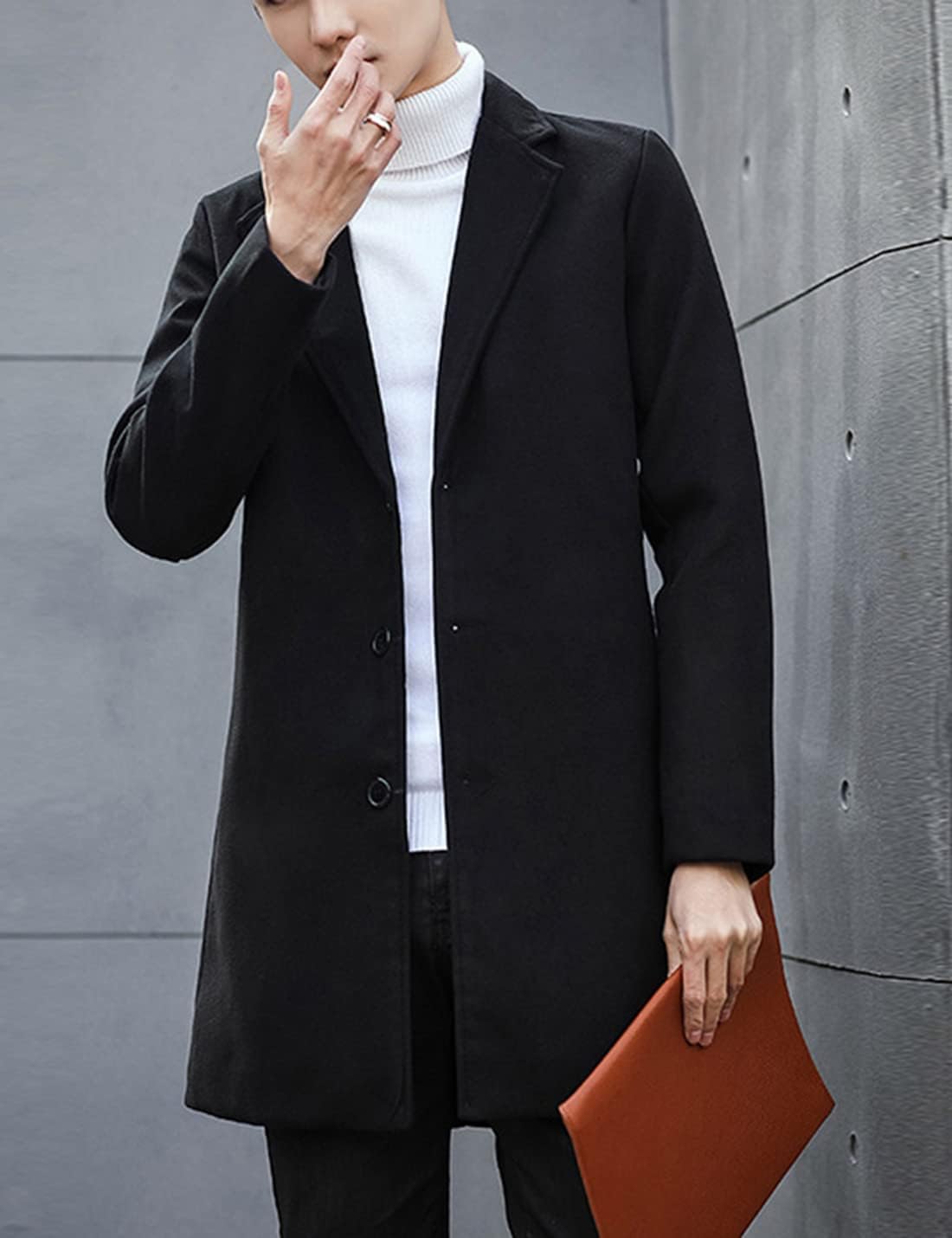 Springrain Men's Wool Blend Pea Coat Notched Collar Single Breasted Overcoat Warm Winter Trench Coat(Black-S)