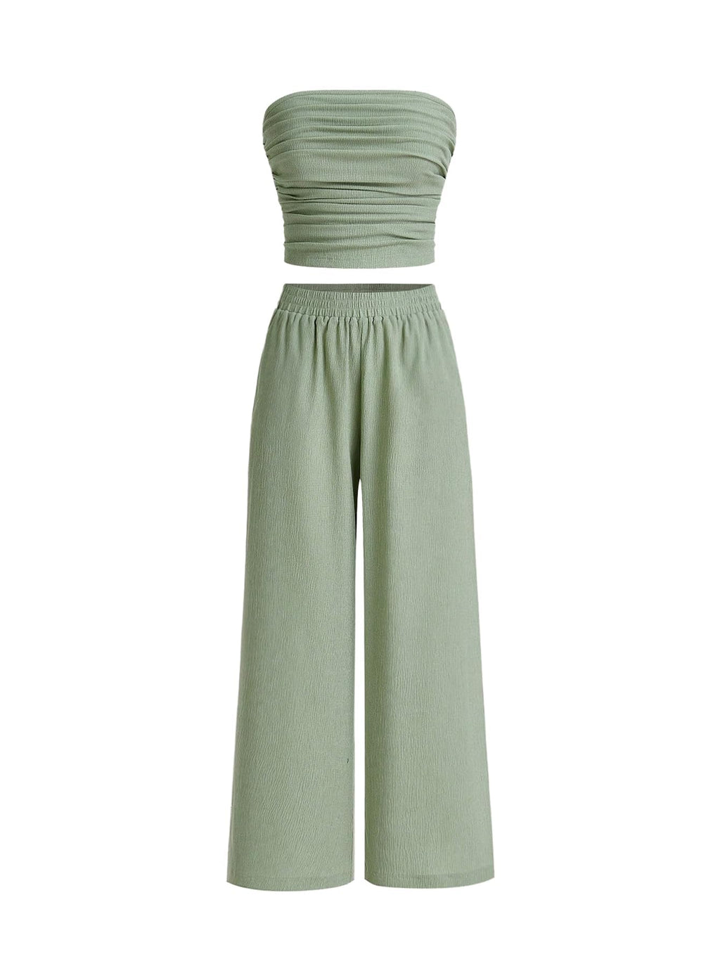 WDIRARA Women's 2 Piece Set Ruched Strapless Tube Top Wide Leg Pants Outfits Green Small