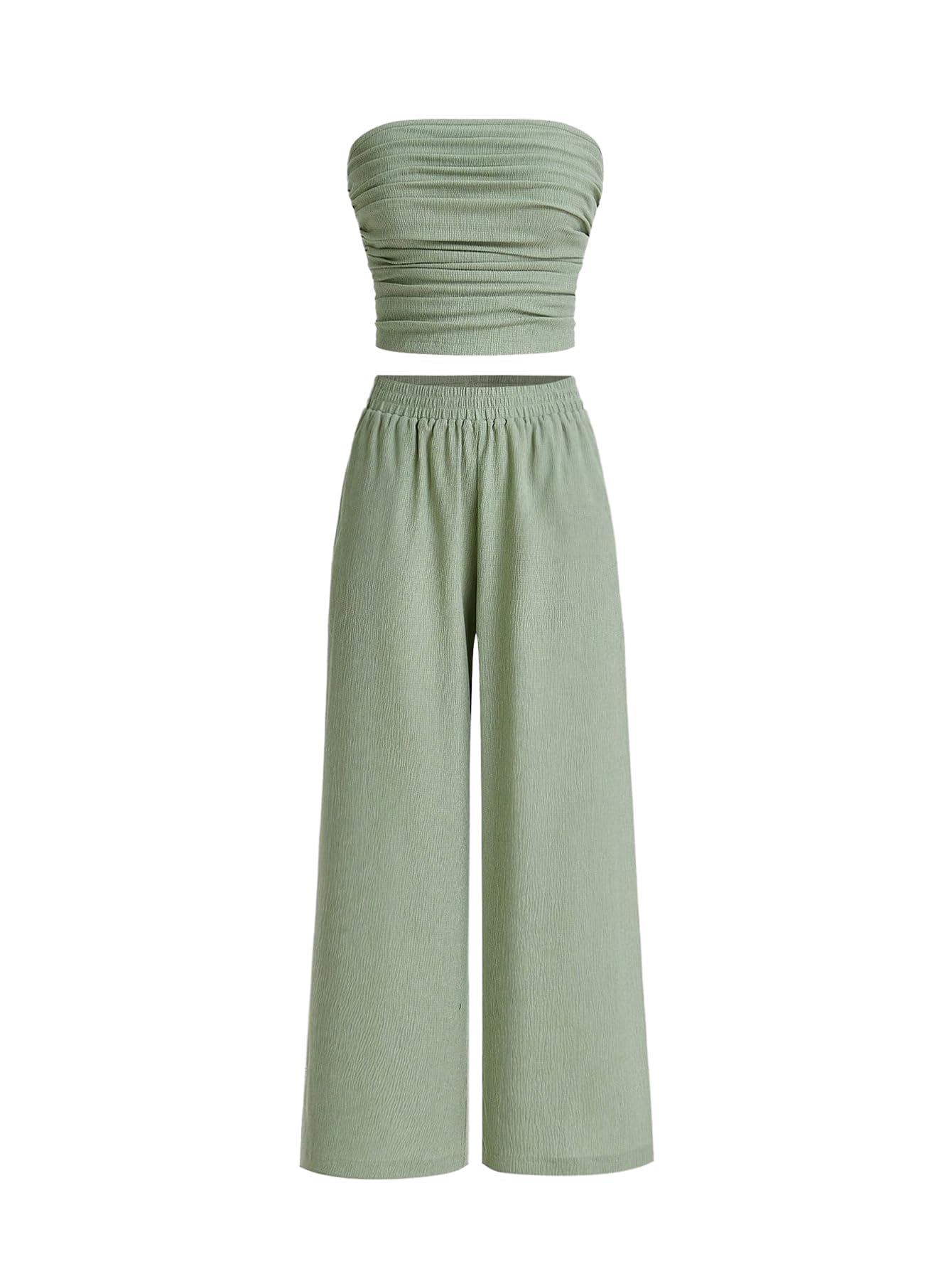 WDIRARA Women's 2 Piece Set Ruched Strapless Tube Top Wide Leg Pants Outfits Green Small