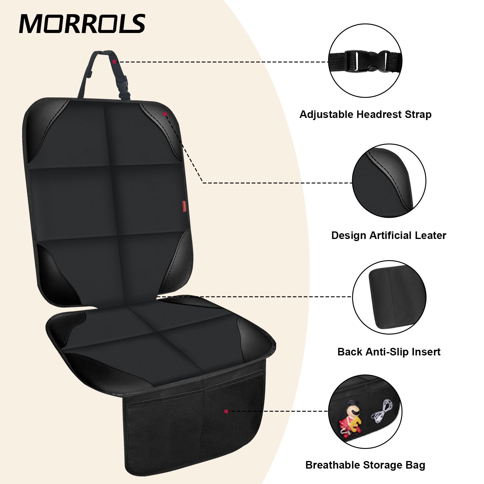MORROLS Car Seat Protector for Child Seats,1 Pack Car Seat Cushion,Waterproof Fabric Car Seat Covers for Non-Slip Backing Mesh Pockets for Baby,Pet,SUV, Sedan and Trunk(Black)