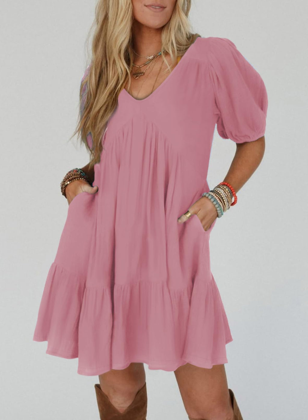 Acelitt Women's Summer Dresses 2026 Beach Casual Deep V Neck Loose Sundress Short Sleeve Mini Dress with Pockets Pink Large