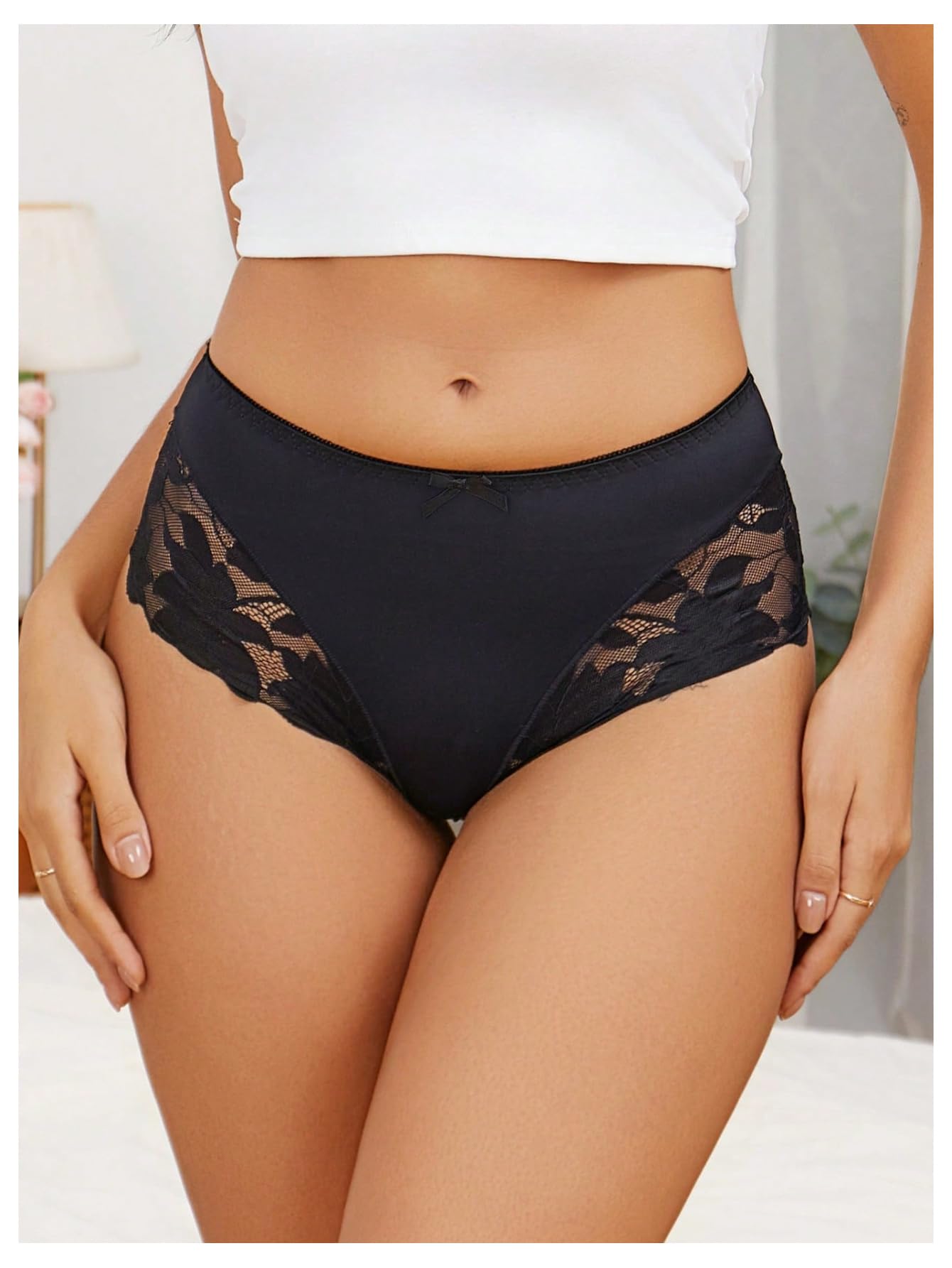 WDIRARA Women's Floral Lace Sheer Briefs High Waist Panties Sexy Seamless Underwear Black Solid Medium