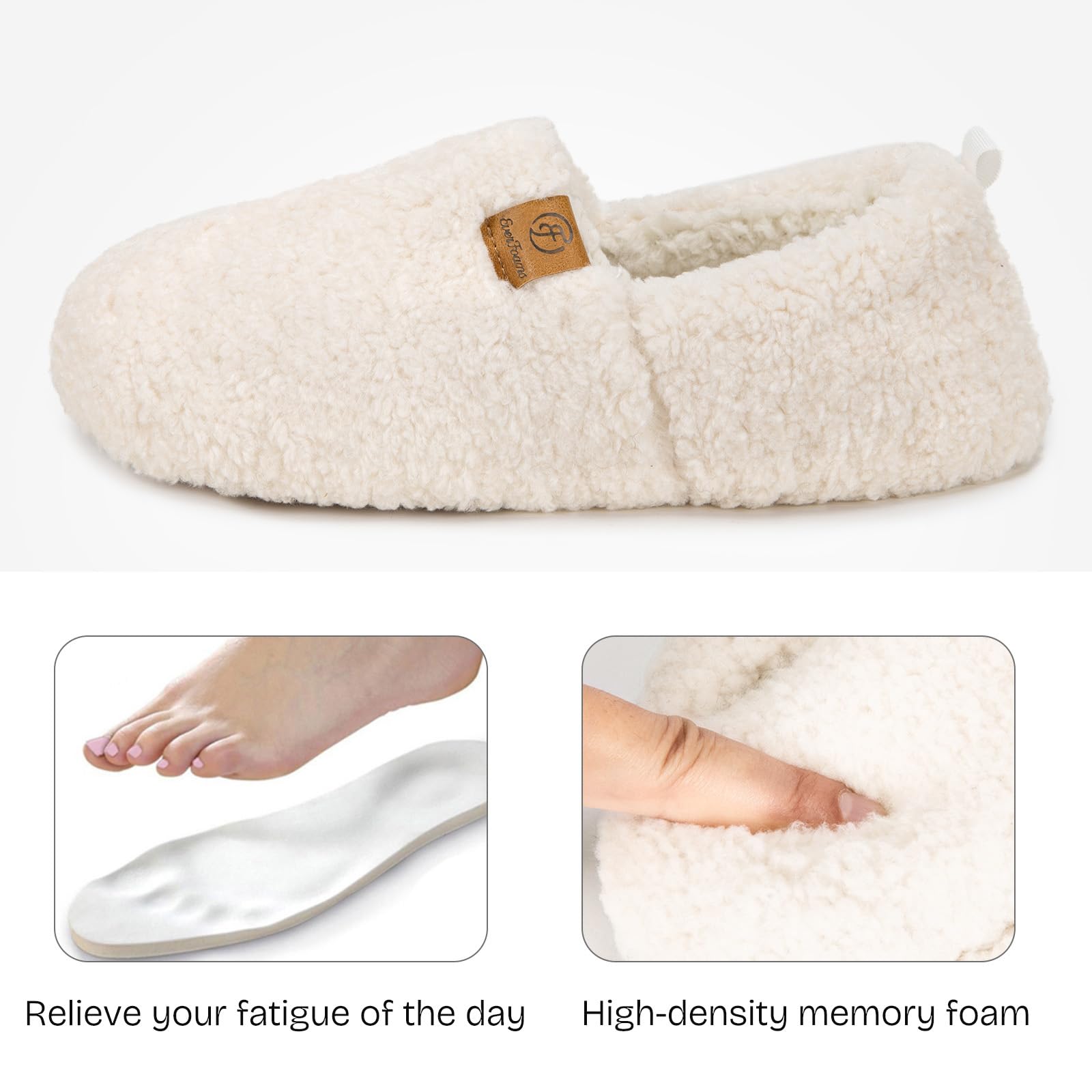 EverFoams Women’s Soft Curly Full Slippers Memory Foam Lightweight House Shoes Cozy Loafer with Polar Fleece Lining Cream White,8.5 US