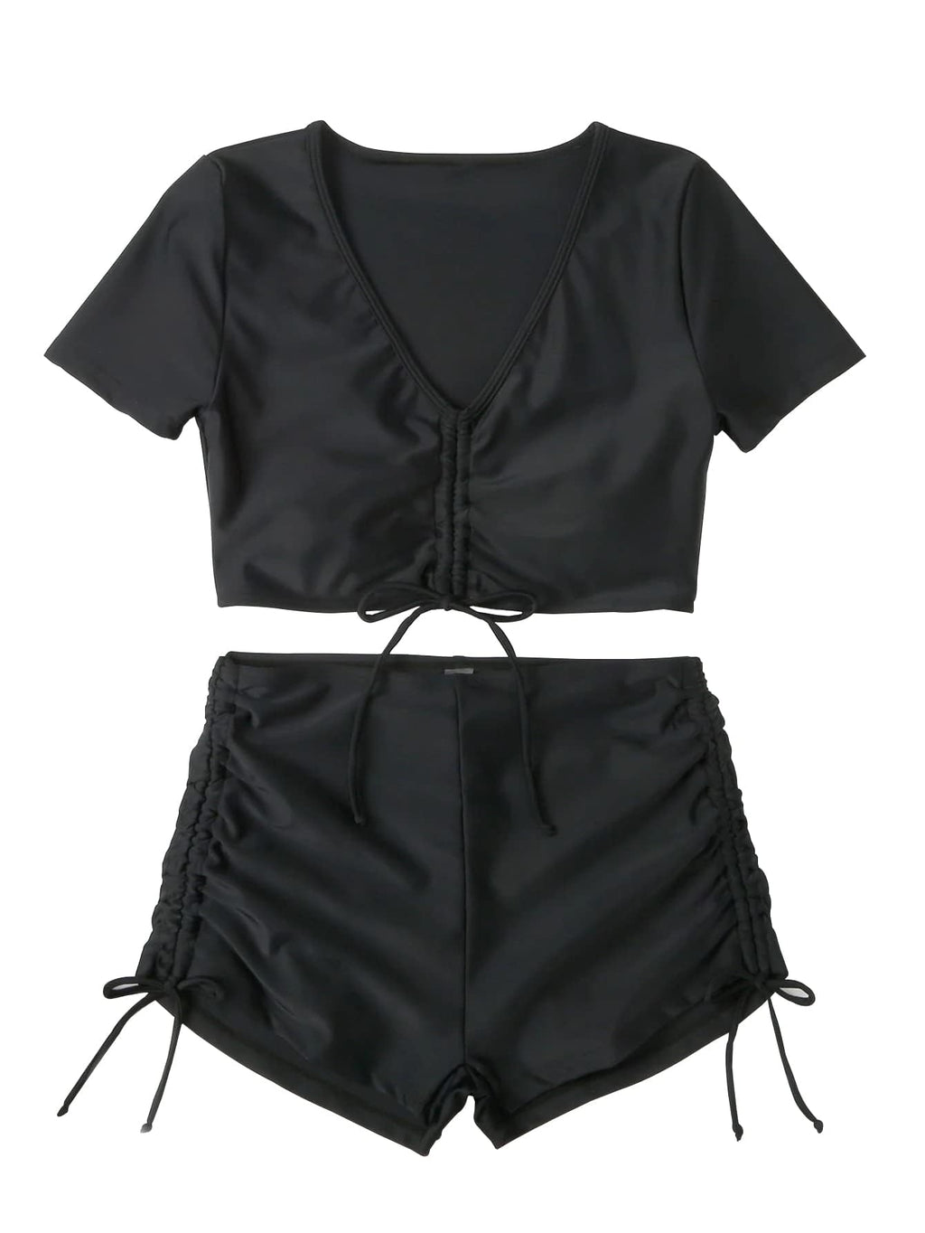 Lilosy High Waisted Tummy Control Drawstring Bikini Set Srting Swimsuit Short Sleeve Top and Tie Side Shorts 2 Piece Women Bathing Suit Black 2# Medium