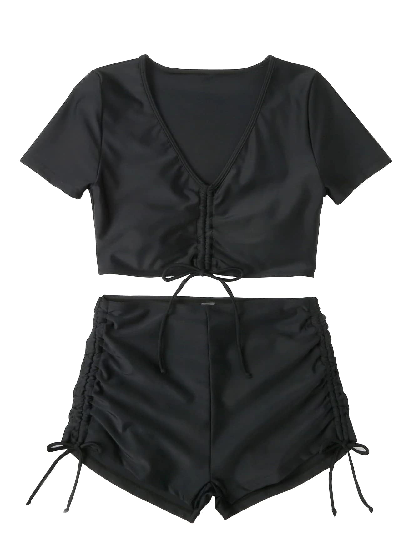 Lilosy High Waisted Tummy Control Drawstring Bikini Set Srting Swimsuit Short Sleeve Top and Tie Side Shorts 2 Piece Women Bathing Suit Black 2# Medium