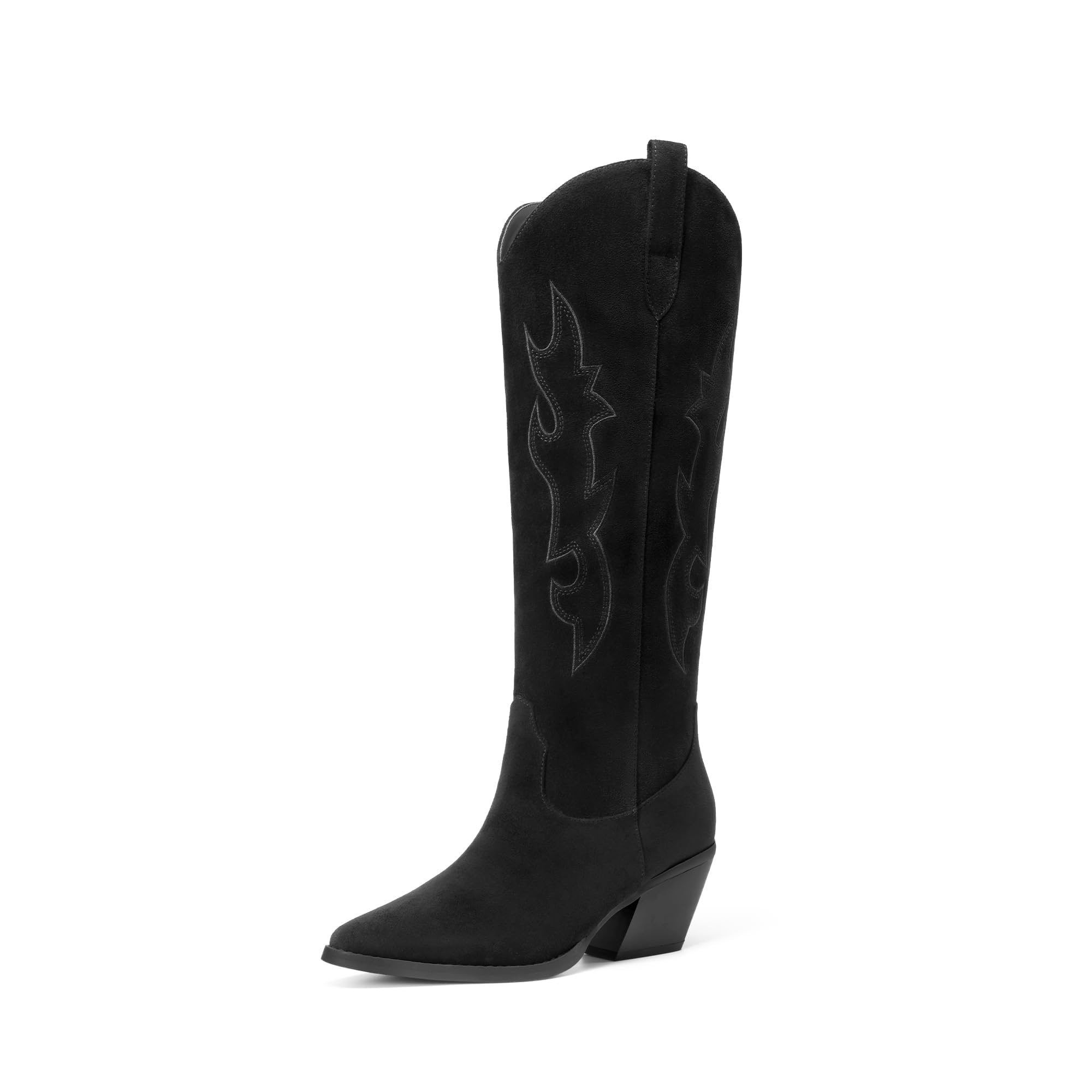 DREAM PAIRS Cowgirl Boots Women Knee High Cowboy Boots Pointed Toe Chunky Block Heel Suede Tall Western Boots with Embroidered,Size 8,Black,SDKB26001W