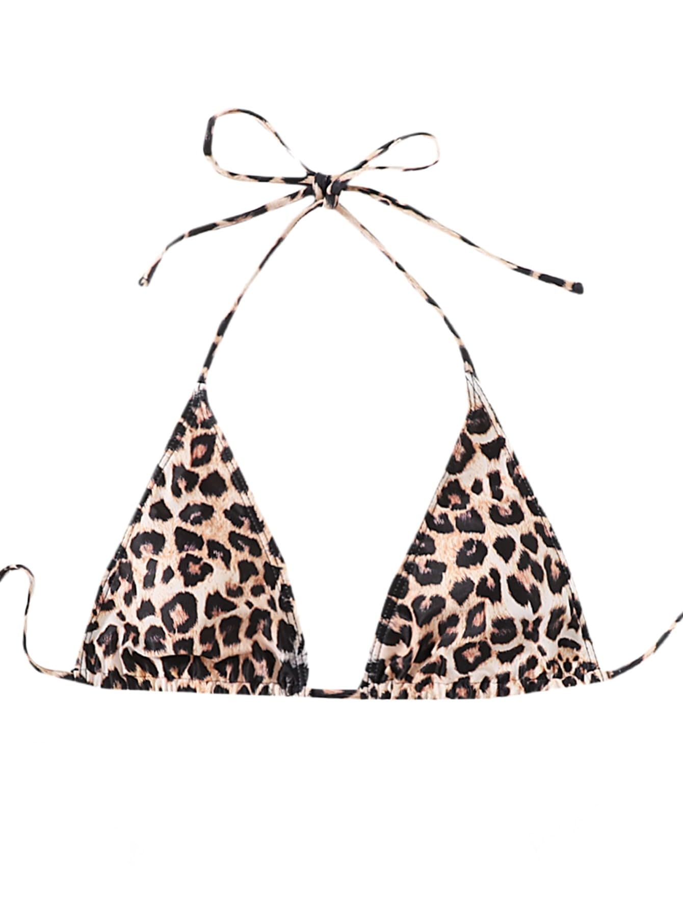 WDIRARA Women's Y2k Leopard Graphic Triangle Bikini Top Micro Halter Swimsuit Tops Brown Cheetah X-Small