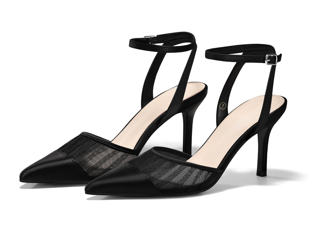 Coutgo Womens Closed Toe High Heels Mesh Satin Pointed Toe Dress Shoes Ankle Strap Pacthwork Wedding Pump Shoes, Black, Size 8.5