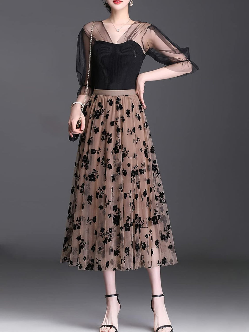 Reaowazo Skirts for Women Midi Long Length Dressy Casual Trendy Summer Tulle A-Line Floral High Waist Skirt Khaki L-XL