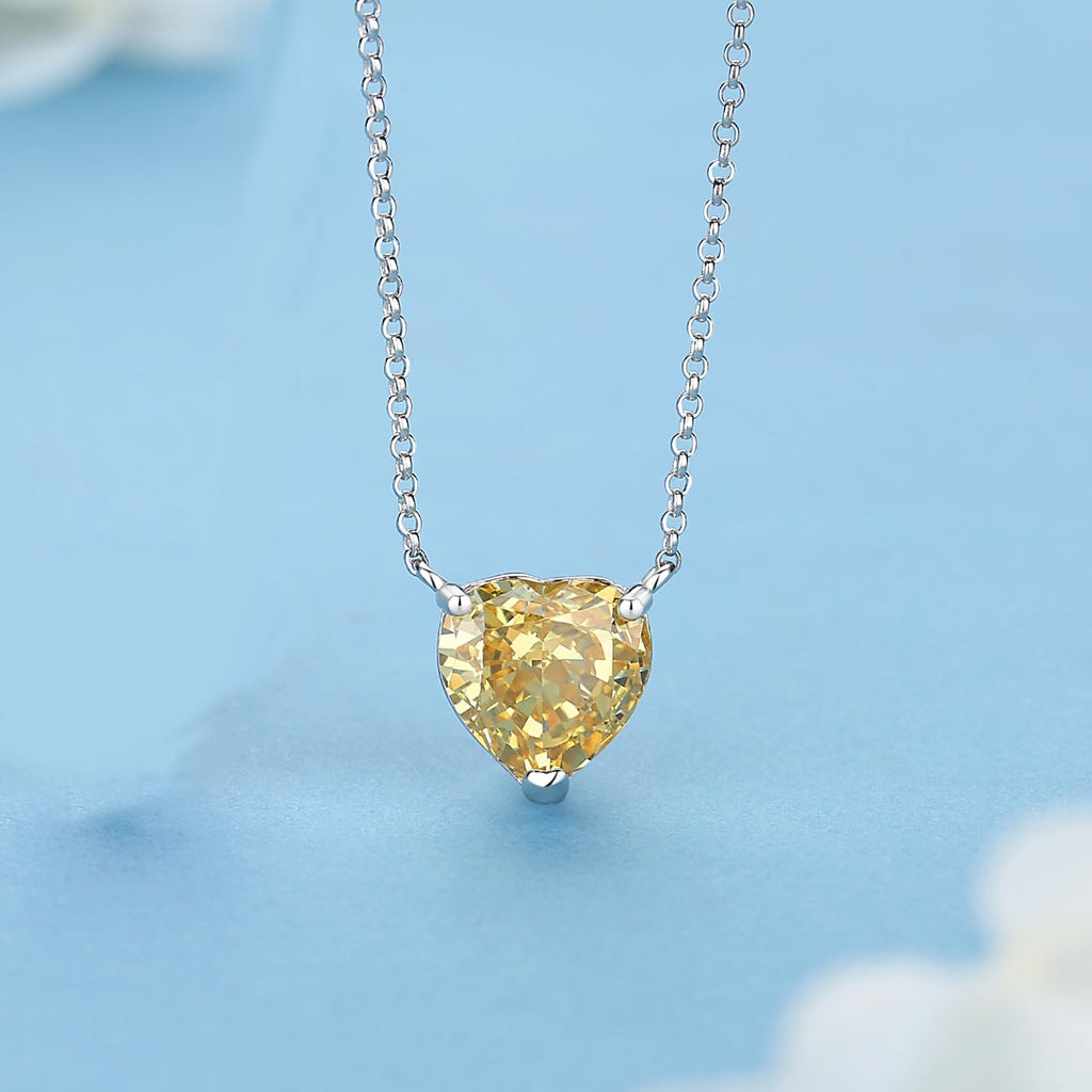 ALQDLI Sterling Silver Heart Diamond Necklaces for Women,7Ct Heart Cut 12x12MM Simulated Yellow Diamond 5A Cubic Zirconia Pendant 16"+2" Perfect Jewelry Gifts for Christmas Birthday Mothers Day