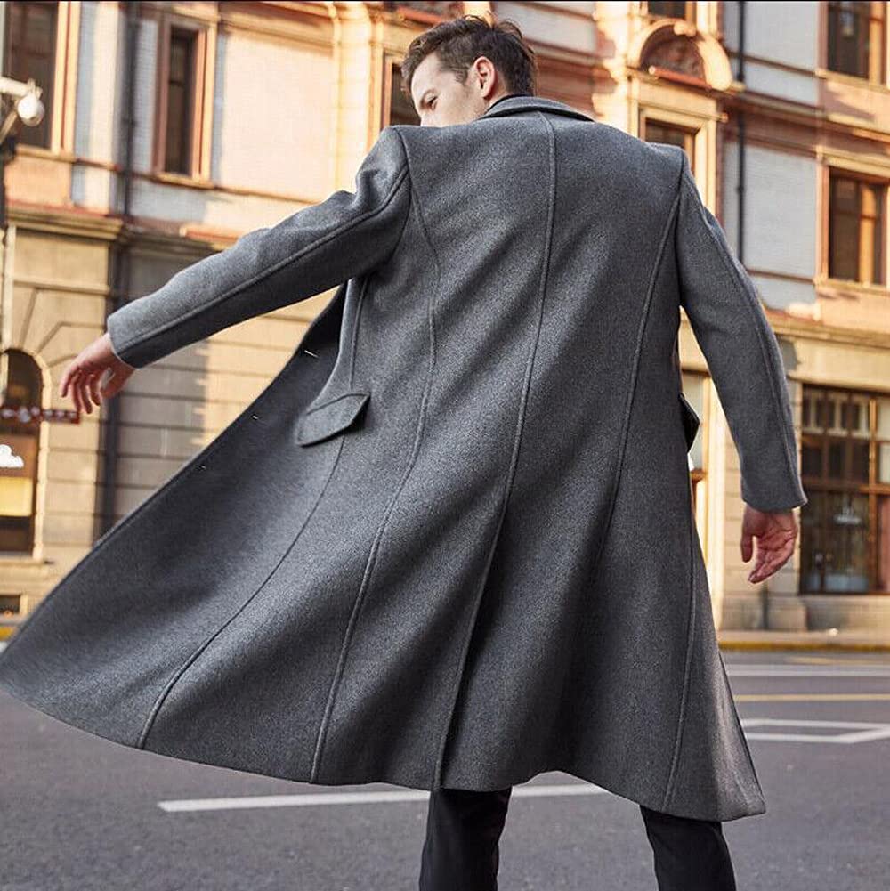 chouyatou Men's Fall Winter Office Single Breasted Long Dress Wool Coat Overcoat (Large, Grey)