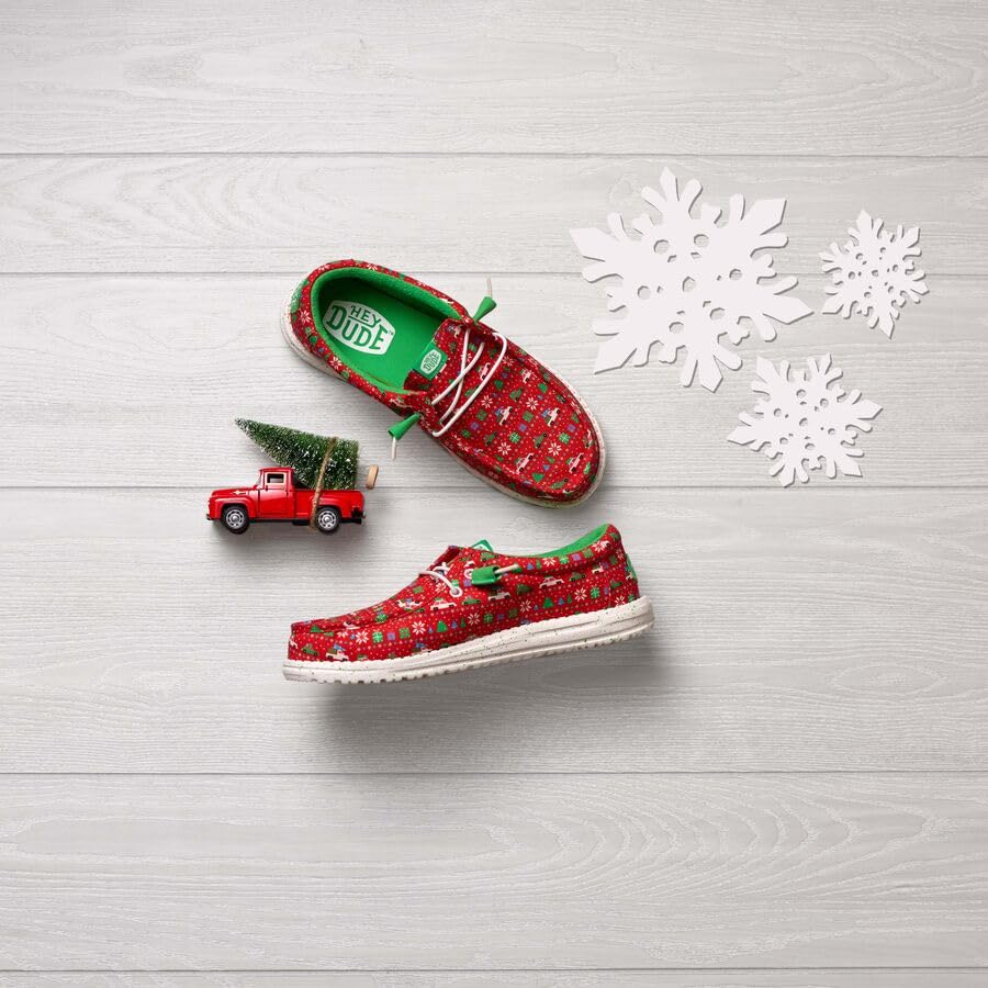 HEYDUDE Wally Holiday Sweater Red/Green/Multi 11, Men’s Shoes, Slip-on Loafers, Comfortable & Light-Weight