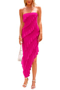 PRETTYGARDEN Summer Wedding Guest Dresses for Women 2025 Strapless Tube Ruffle Elegant Dinner Cocktail Long Dress (Rose Red,Medium)