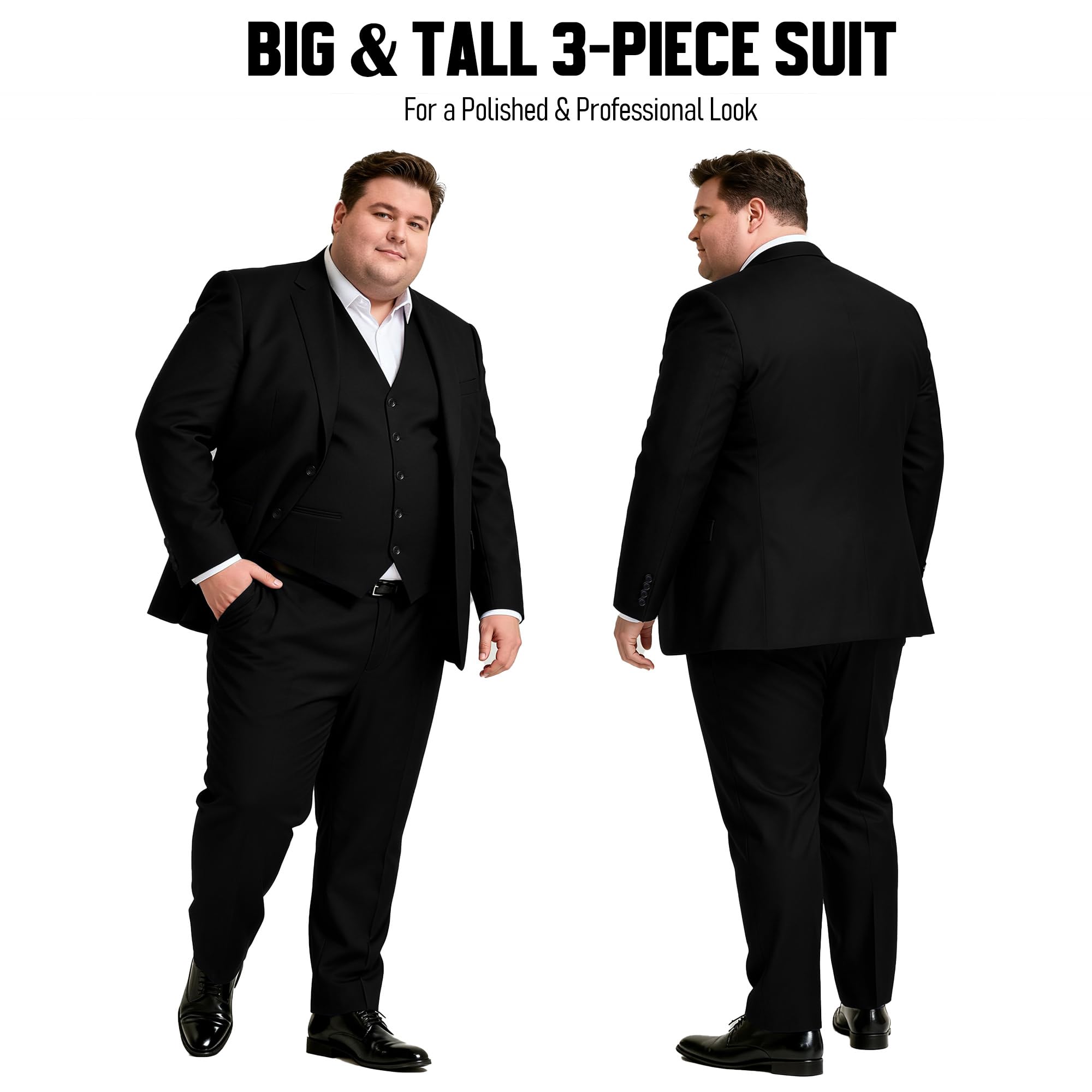GATMSTZ 3 Piece Suits for Men Big and Tall Regular Fit Blazer Men Tuxedo Suit Set Classic Fit Jacket Vest Pants (Black,52R)