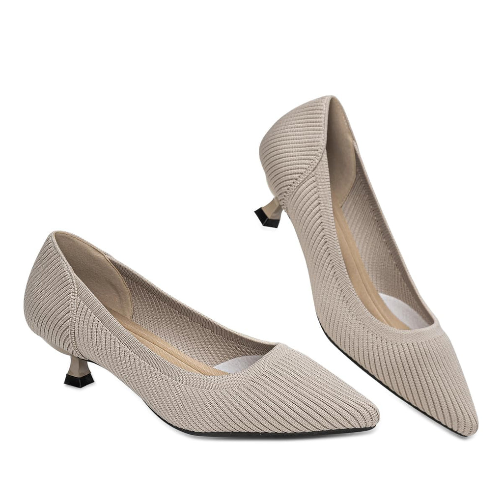 AHZEHRSE Women's Pointed Toe Dress Shoes for Women Knit Kitten Heel Shoes Prom Wedding Party Office Work Formal Pumps Heels Apricot