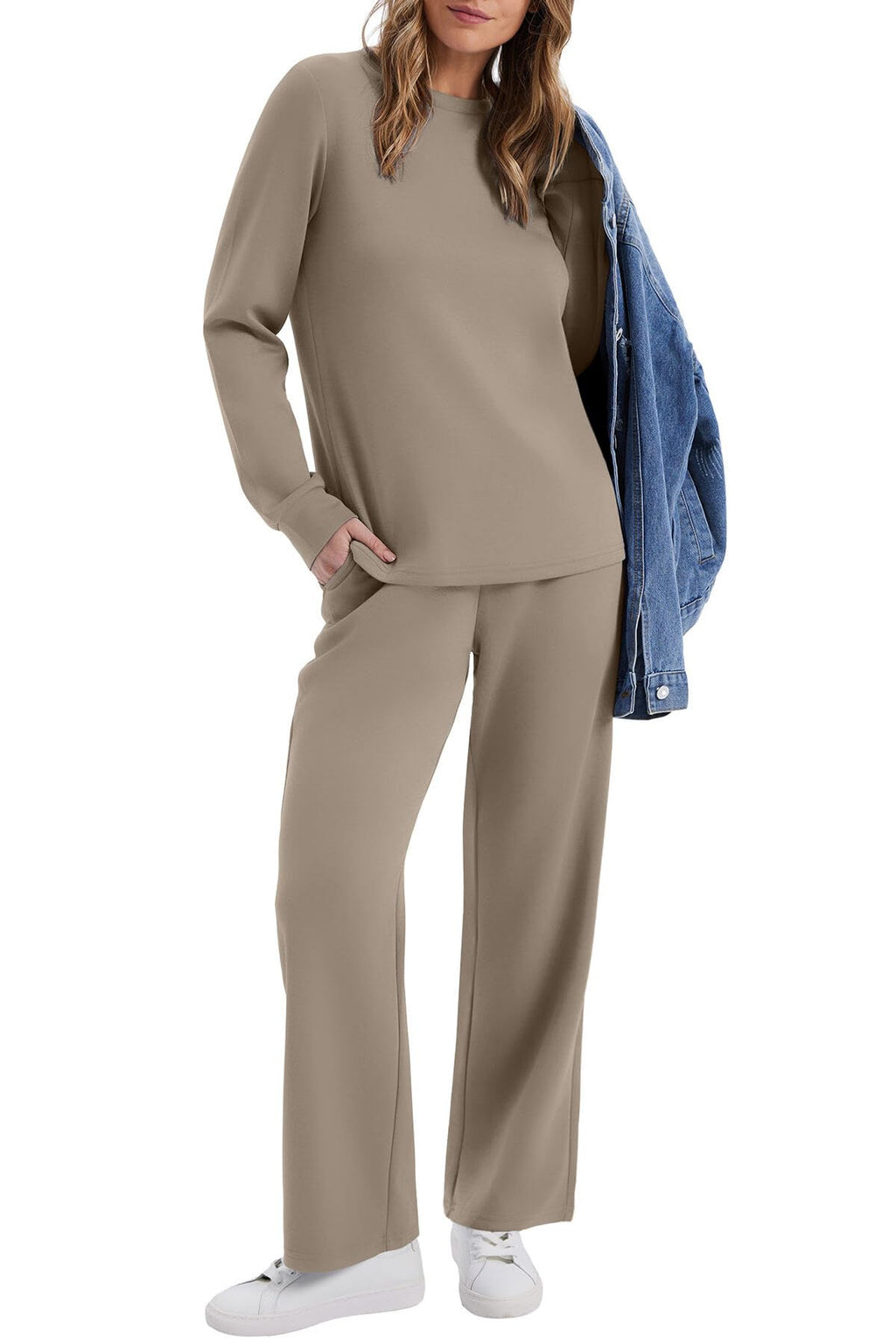 WIHOLL 2 Piece Sets for Women Fall Fashion 2026 Travel Vacation Airport Outfits for Airplane Going Out Comfy Matching Women's Clothing Petite Chocolate Brown Must Haves Track Suits Light Coffee L