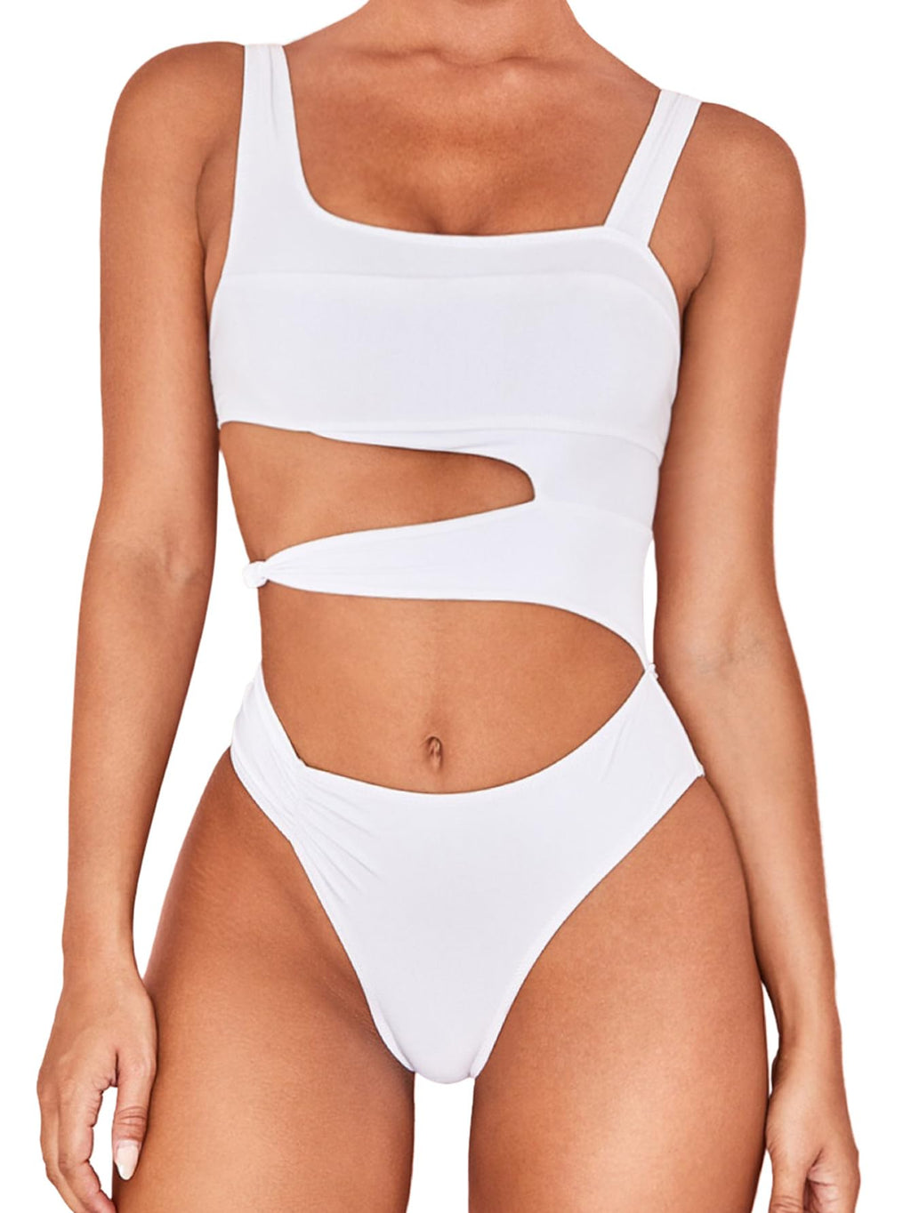 Lilosy Sexy Knotted Ruched Cutout Swimsuit High Cut Leg One Piece Cheekly Bikini Brazilian Women Bathing Suit White Medium