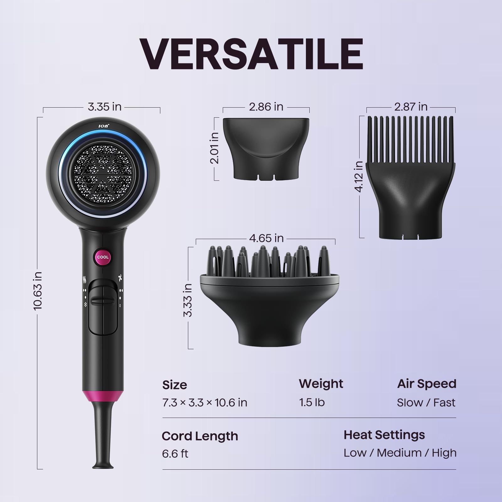 Wavytalk Hair Dryer with Diffuser, Blown Away Ionic Hair Dryer for Curly Hair with Comb, 1875W Fast Drying Blow Dryer with Ceramic Technology, 3 Attachments for All Hair Types, Light and Quiet, Black