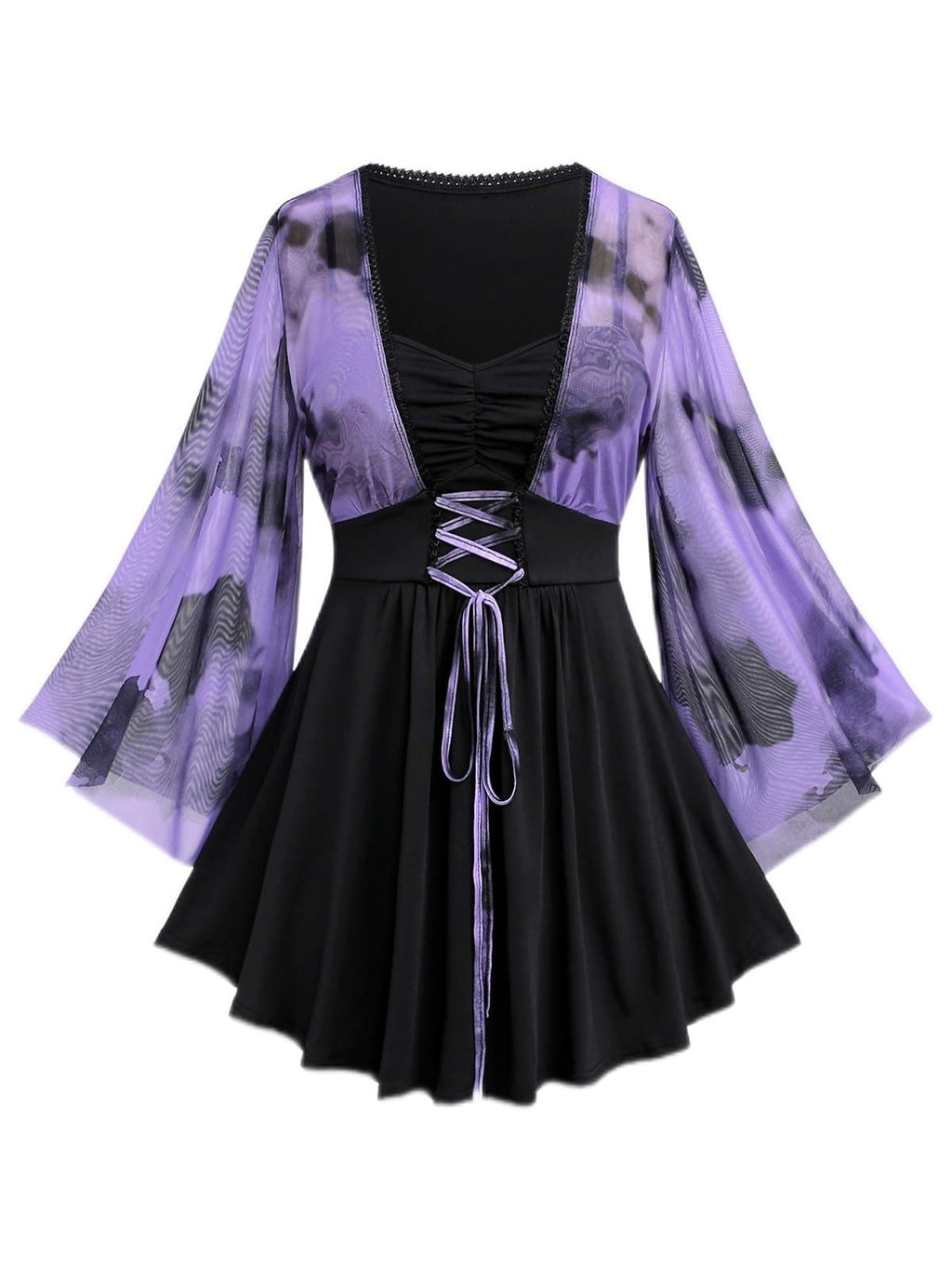 ROSE GAL Women Plus Size Romantic Gothic Lace-up Mesh Bell Sleeves Tee Renaissance Top Gothic Top(Purple_1/L)