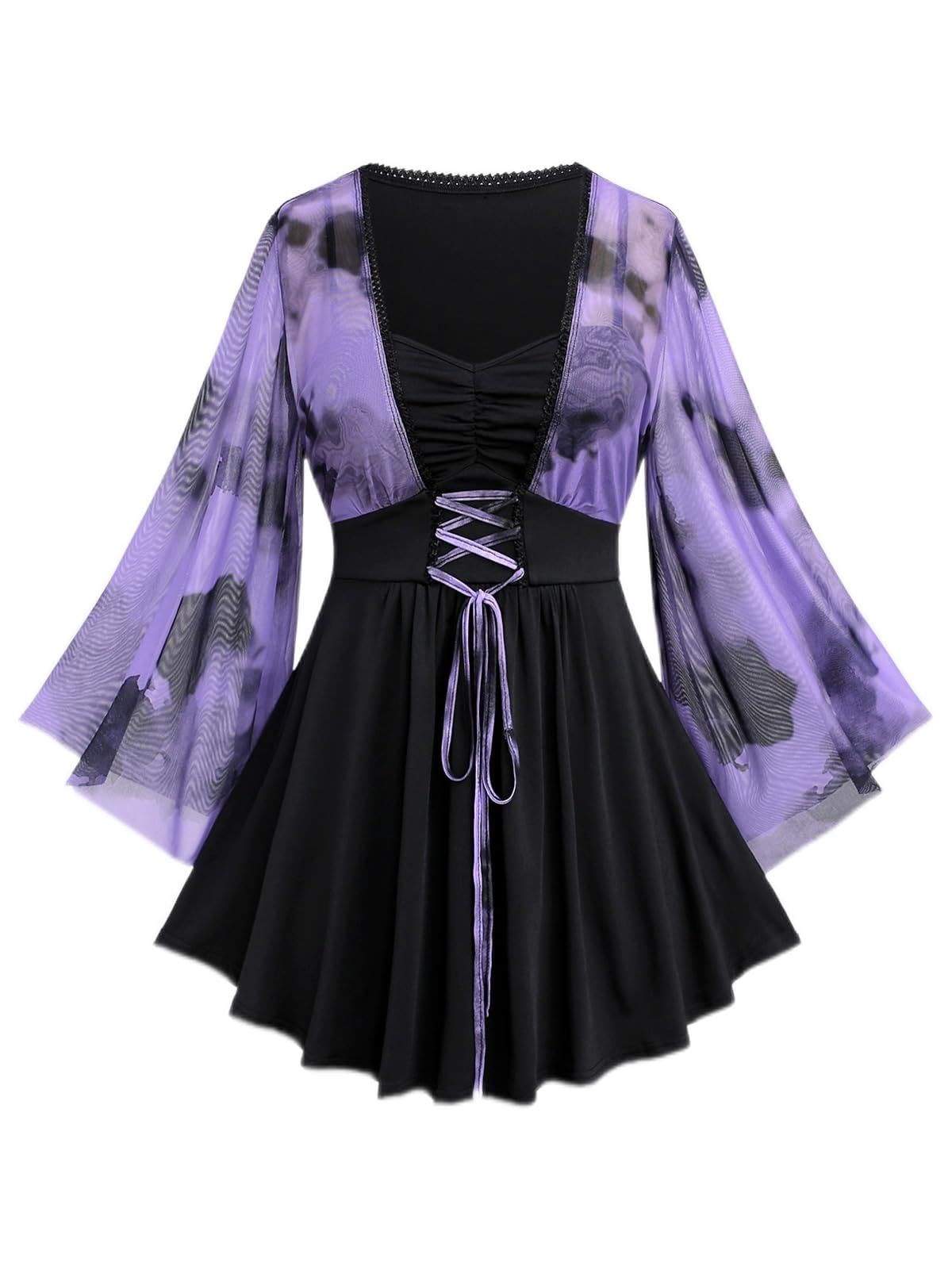 ROSE GAL Women Plus Size Romantic Gothic Lace-up Mesh Bell Sleeves Tee Renaissance Top Gothic Top(Purple_1/L)