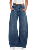 PLNOTME Womens High Waisted Barrel Jeans Casual Loose Boyfriend Wid Leg Denim Pants Blue