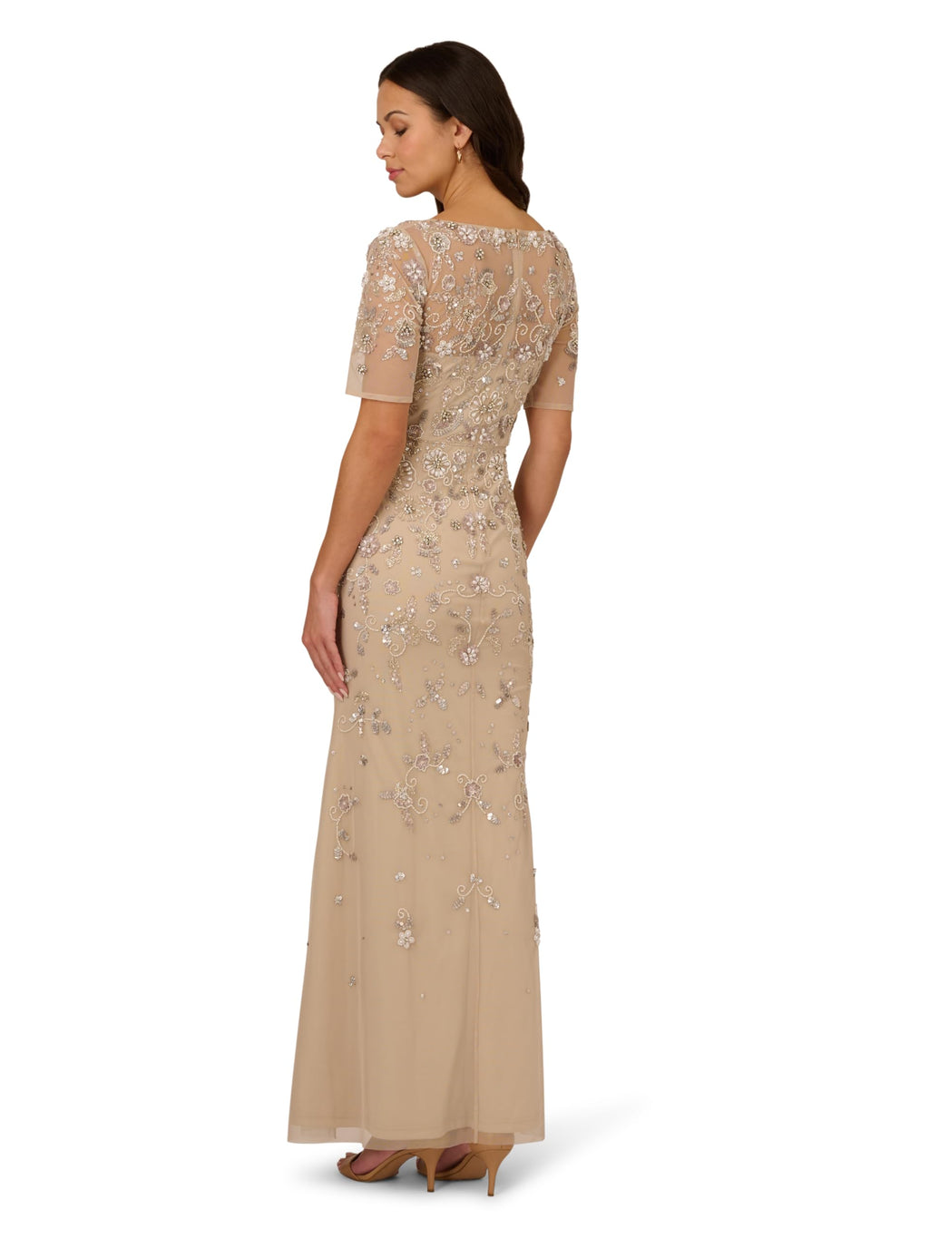 Adrianna Papell Women's Beaded Mesh Long Dress, Biscotti, 2