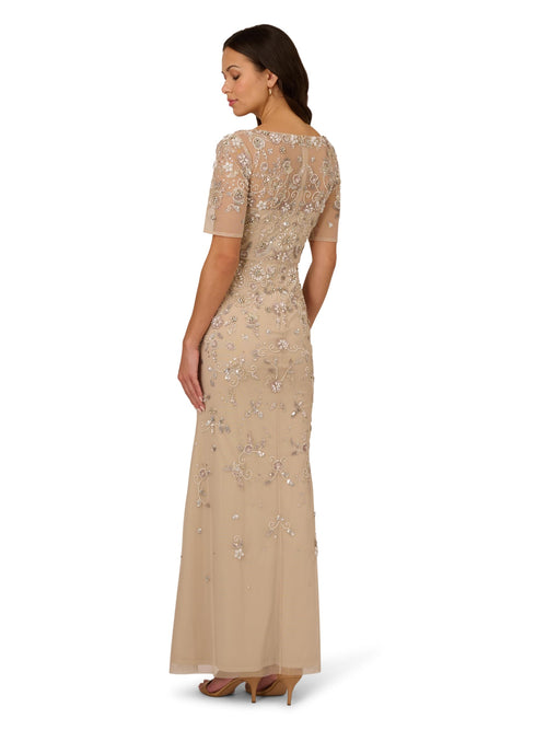 Adrianna Papell Women's Beaded Mesh Long Dress, Biscotti, 2