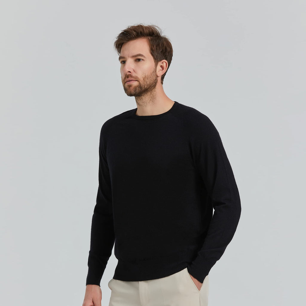GreenMount Men’s Raglan Long Sleeve 100% Worsted Cashmere Crewneck Sweater for All Seasons(Black,L)