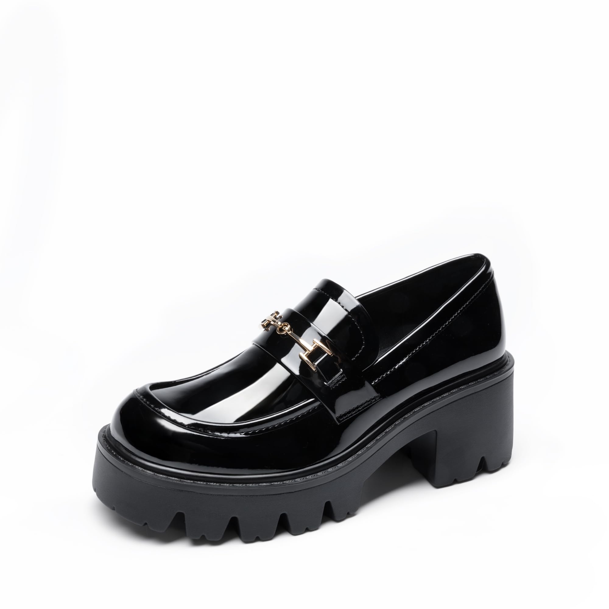DREAM PAIRS Women Loafers Platform Chunky Heel Slip On Lug Sole Casual Dressy Office Business Shoes,Size 8.5,Black-Pat,DWUMLS2534